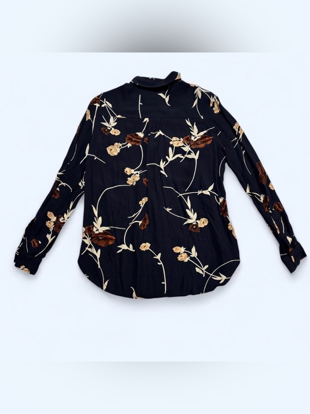 Ganni Dalton Crepe Floral Print Shirt Blouse Navy Sz S EU 36 Boho Small Hole - Picture 3 of 7